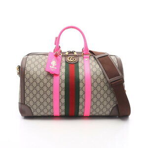 Gucci GG Supreme Duffle Bag Canvas Leather Brown Pink Multicolor